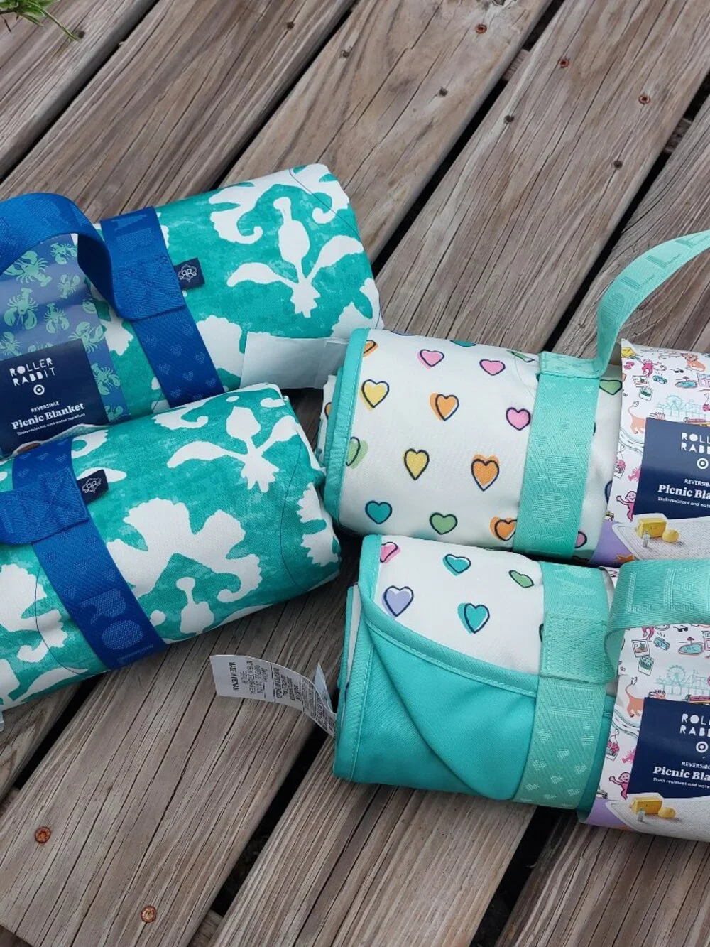 NWT RARE Target x Roller Rabbit Stamped Reversible Teal Floral Picnic Blanket